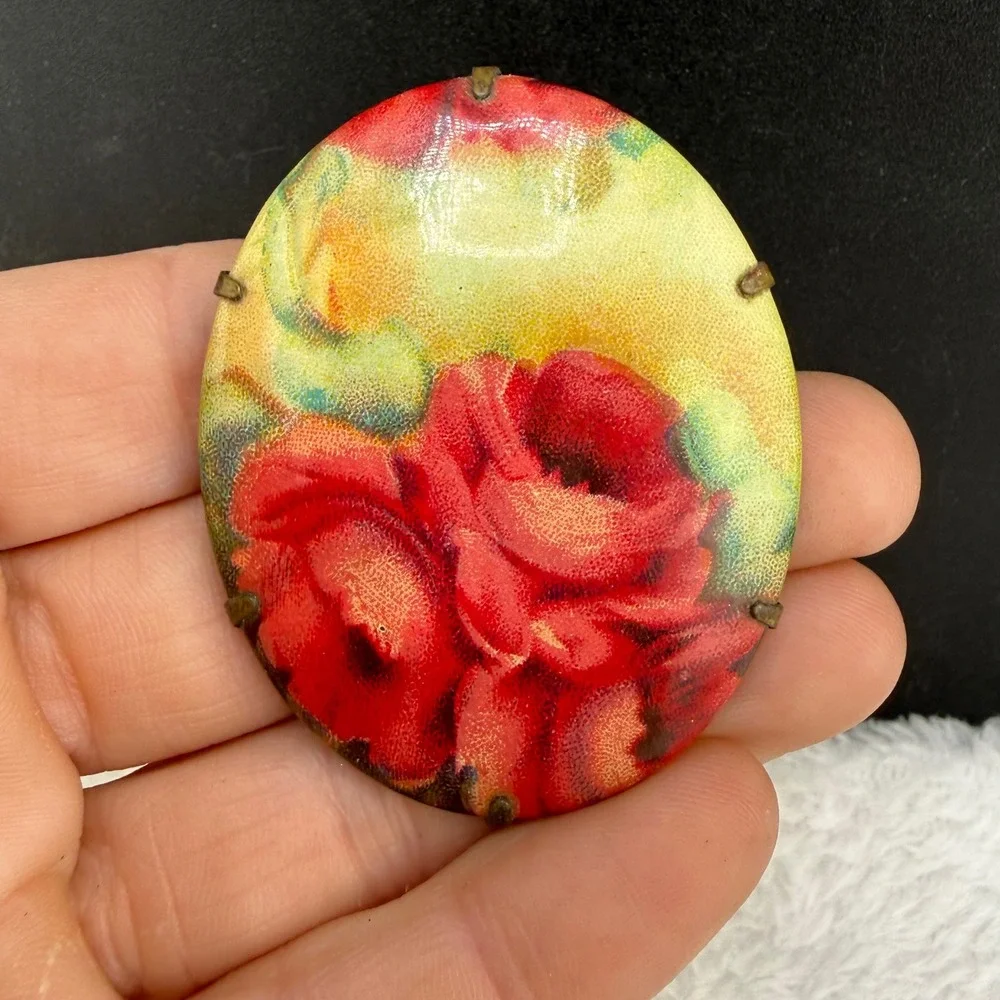 Vintage Victorian Porcelain Brooch Red Rose Floral Oval Brass Tone Pin